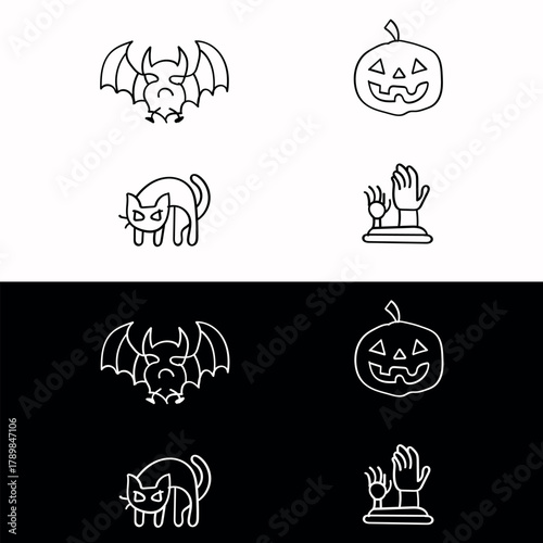  Bat, Jack-o'-lantern, Cat, and Severed Hand Halloween Doodle Set