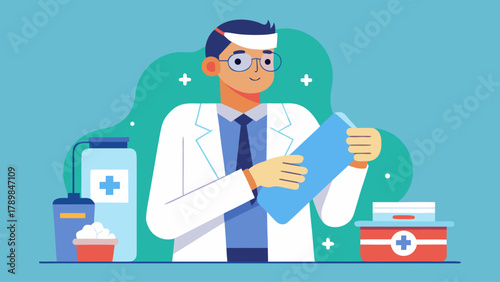 A man in a white lab coat is holding a clipboard and smiling. He is surrounded by medical supplies, including a bottle of medicine and a box of bandages. Concept of professionalism and care