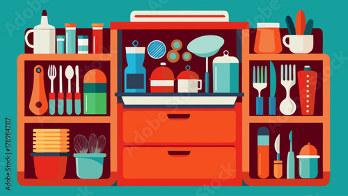 A kitchen with a lot of utensils and appliances. The drawer is orange and has a lot of items in it