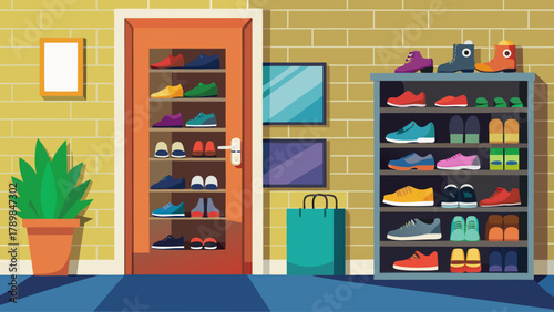 A shoe store with a large display of shoes and a potted plant. The store is brightly lit and the shoes are organized by color