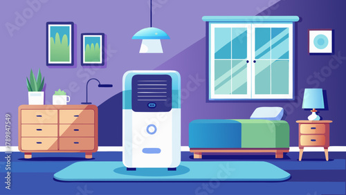 A white and blue air conditioner sits on a blue rug in a bedroom. The room is decorated with a blue and white color scheme