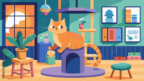 A cat is sitting on a cat tree in a room with a potted plant. The cat is looking at the camera with a curious expression. The room has a cozy and welcoming atmosphere, with a comfortable chair