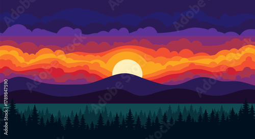 Serene Sunset Over a Lush Forest and Tranquil Lake, Evoking Peace and Natural Beauty