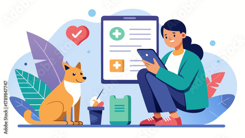 A woman is sitting on the floor with a dog and a tablet. She is looking at the tablet and smiling. The tablet is displaying a medical form for the dog