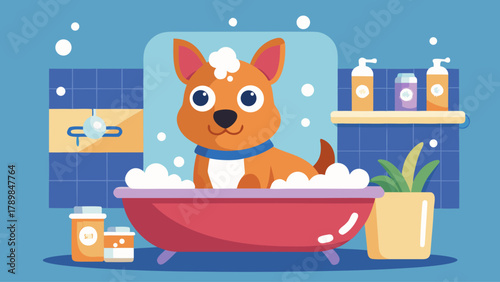 A cartoon dog is sitting in a bathtub with a bottle of shampoo next to it. The scene is set in a bathroom with a sink and a potted plant. The dog appears to be enjoying the bath