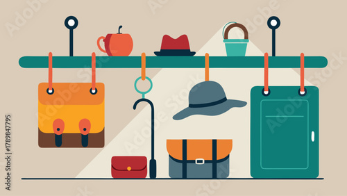 A shelf with various items such as a hat, a cane, a purse, and a suitcase. The items are hanging from a rack
