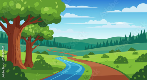 Idyllic cartoon landscape with a winding river, trees, and rolling green hills under a bright blue sky
