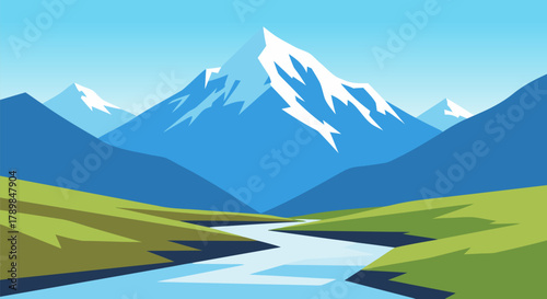 Vivid Mountain Landscape Illustration with a Winding River and Rolling Green Hills Under a Clear Blue Sky