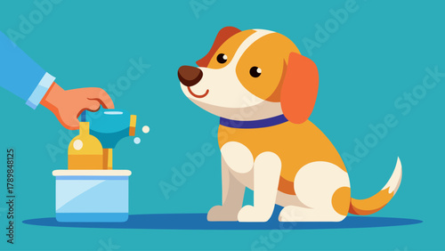 A dog is sitting in front of a container of water. A person is pouring water into the container
