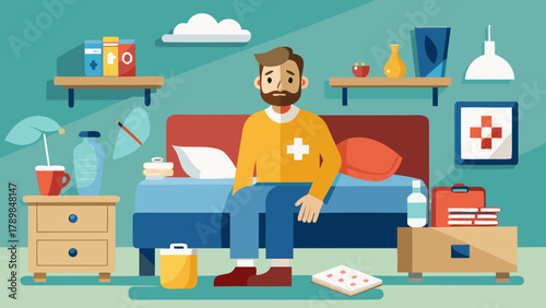 A man is sitting on a bed with a bottle of medicine next to him. He is wearing a yellow shirt and has a bandage on his arm. The room is cluttered with various items, including a potted plant, a cup