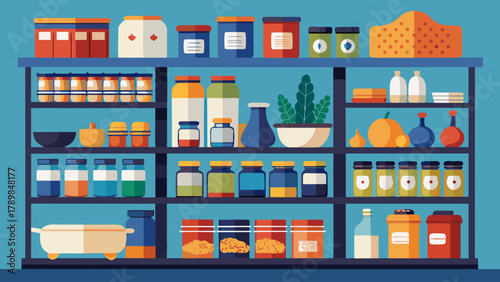 A colorful shelf with many jars and bottles of food and condiments. The shelf is full of different types of food and condiments, including a variety of spices and sauces