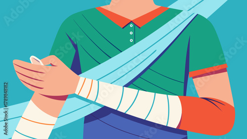 A man is holding a bandage on his arm. The bandage is blue and white. The man is wearing a green shirt