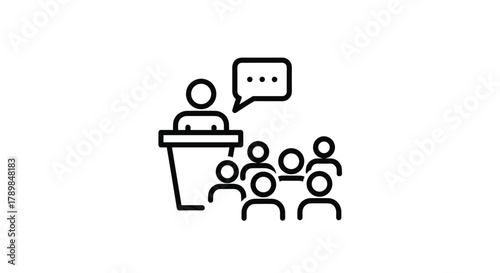 Dynamic speaker commanding attention from engaged audience during professional presentation conveying key messages effectively and inspiring action, Generative AI.