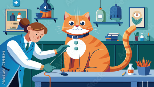 A woman is taking care of a cat in a veterinary clinic. The cat is wearing a collar and he is happy. The clinic is well-stocked with medical supplies and books