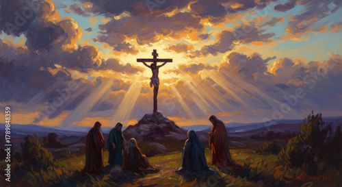 An impressionistic painting of the Crucifixion scene. Loose brushstrokes, vibrant colors, focusing on the emotional impact of the light filtering through the clouds and touching the cross at dusk