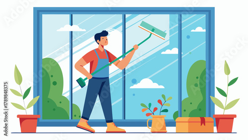 A man is cleaning a window with a squeegee. The window is large and has a view of trees outside