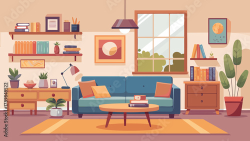 A living room with a blue couch, a coffee table, and a potted plant. The room is filled with books and has a cozy atmosphere