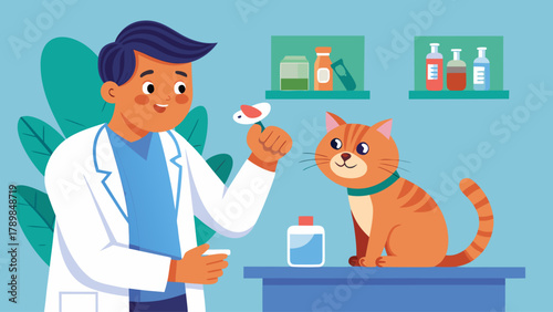 A man is holding a cat in a veterinary clinic. The cat is sitting on a table and the man is smiling