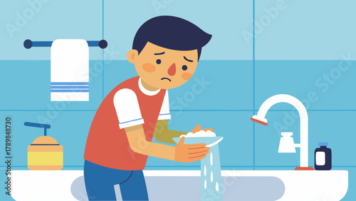 A boy is washing his hands in a sink. He is looking at the camera with a sad expression