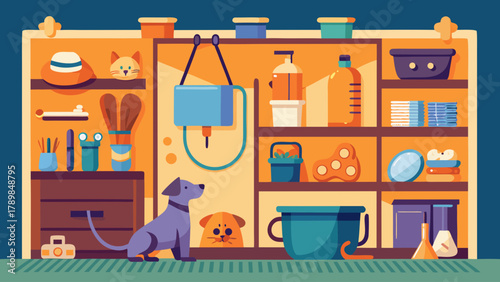 A dog is sitting in front of a shelf filled with various items. The dog appears to be curious about the objects on the shelf, possibly wondering what they are or what they are used for