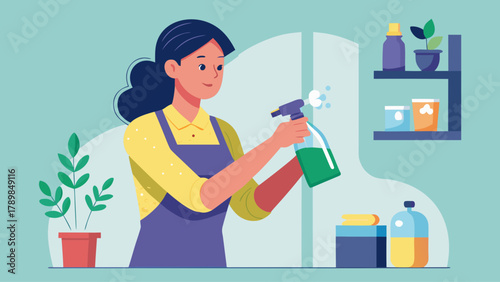 A woman is cleaning a room with a spray bottle. She is wearing an apron and smiling