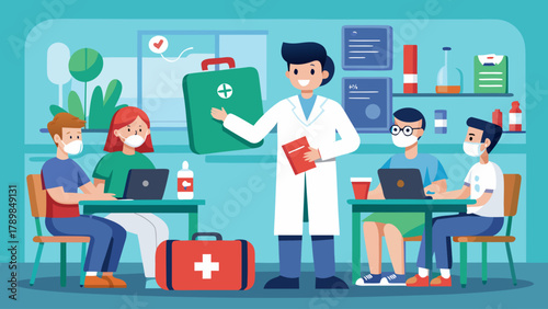 A group of people are sitting in a classroom with a doctor standing in front of them. The doctor is holding a green box and is talking to the group. Scene is informative and educational