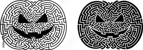 Pumpkin maze Halloween game. Black and white stencil vector puzzle.