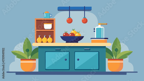 A kitchen with a blue countertop and a bowl of fruit on it. There are two potted plants on the counter and a coffee maker