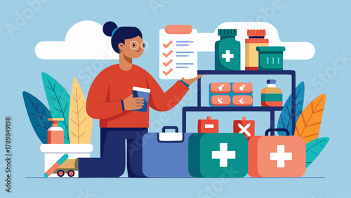 A woman is holding a clipboard and checking off items. She is surrounded by medical supplies and boxes