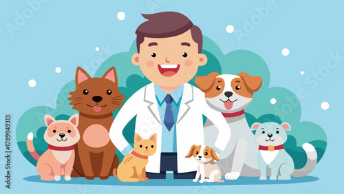 A man in a white lab coat is surrounded by several dogs. The man is smiling and he is a veterinarian