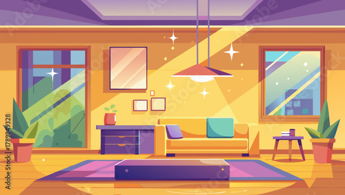 A bright and sunny living room with a yellow couch and a potted plant. The room is well-lit and inviting, with a large window letting in plenty of natural light