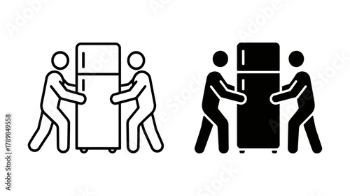 Two people moving a refrigerator, depicting teamwork, relocation, and assistance in a simple and minimalist style