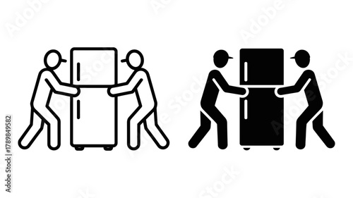 Two people moving a refrigerator with hats, depicting teamwork, relocation, and assistance in a simple and minimalist style