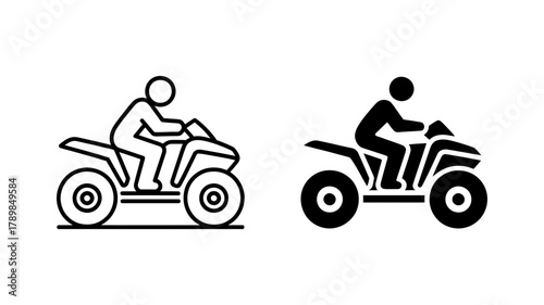 A person riding an atv icon, symbolizing outdoor adventure and recreational vehicle use in outline and solid styles