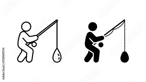 Icon of a fisherman holding a fishing rod with a fish hanging from the line vector illustration of a person fishing