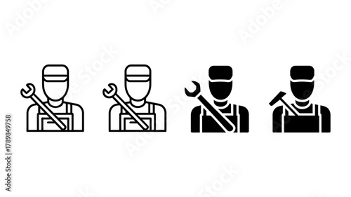 Illustration of a mechanic with a wrench in black and white, showcasing the profession and tools