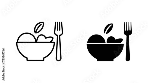 Illustration of a salad bowl with fork in black and white, representing healthy eating and vegetarian options