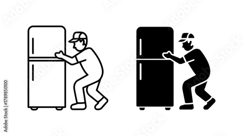 Person moving refrigerator vector illustration of man carrying fridge, appliance, or cooler to new location