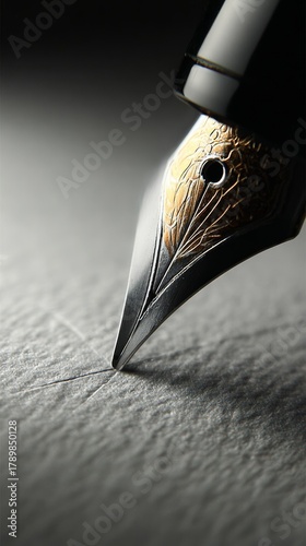 Macro view of ink pen tip poised over white paper revealing soft shadows and minimal detail in a creative moment of writing