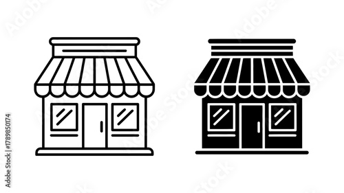 Two storefront icons, one in outline style and one in solid style, depicting a shop or business