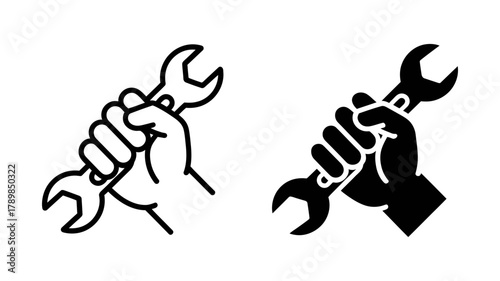 Hand holding wrench symbol of repair, construction, or maintenance black and white vector illustration of a hand