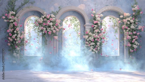 Romantic, pastel-toned room with arched windows draped in roses and misty light
