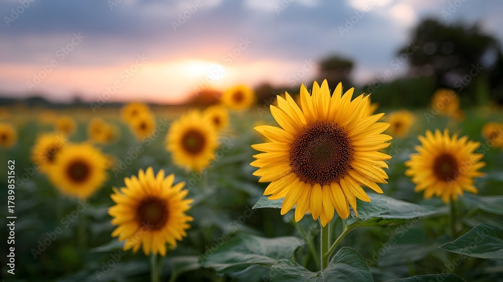 Fototapeta premium A beautiful field of vibrant yellow sunflowers basks in the warm glow of a golden hour sunset creating a serene natural landscape