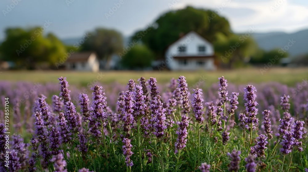 Fototapeta premium A serene field of vibrant purple flowers with a farmhouse in the soft afternoon light