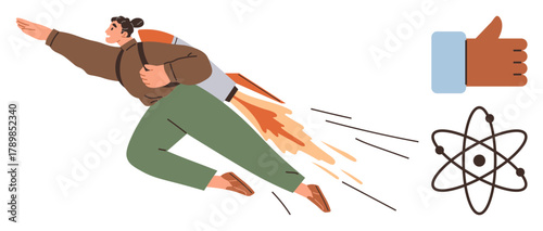 Person propelled by rocket backpack symbolizes ambition and progress. Thumbs-up represents approval and success, atom alludes to innovation and science. Ideal for growth, achievement, motivation