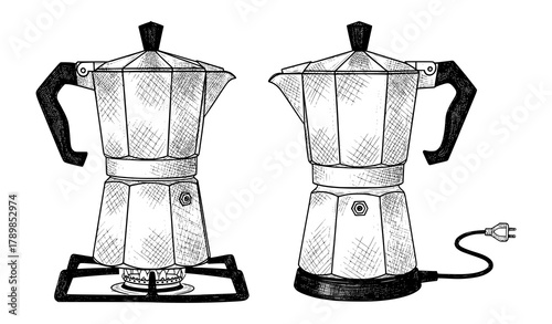 Vintage Sketch of Stovetop and Electric Moka Pot Coffee Makers. Retro Coffee Culture Vector Illustration.