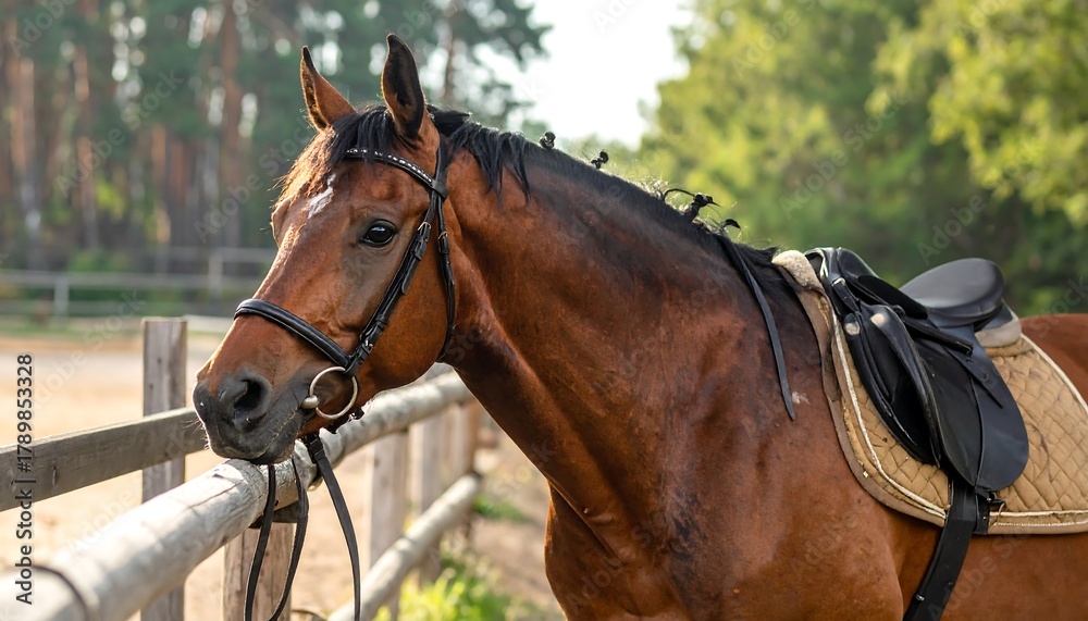 Fototapeta premium A brown horse with a saddle and bridle stands by a wooden fence with a background of trees and green foliage