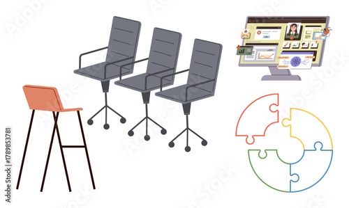 High chairs, three office chairs, interactive computer screen, and circular puzzle design. Ideal for collaboration, teamwork, training, problem-solving office setup meetings productivity. Simple