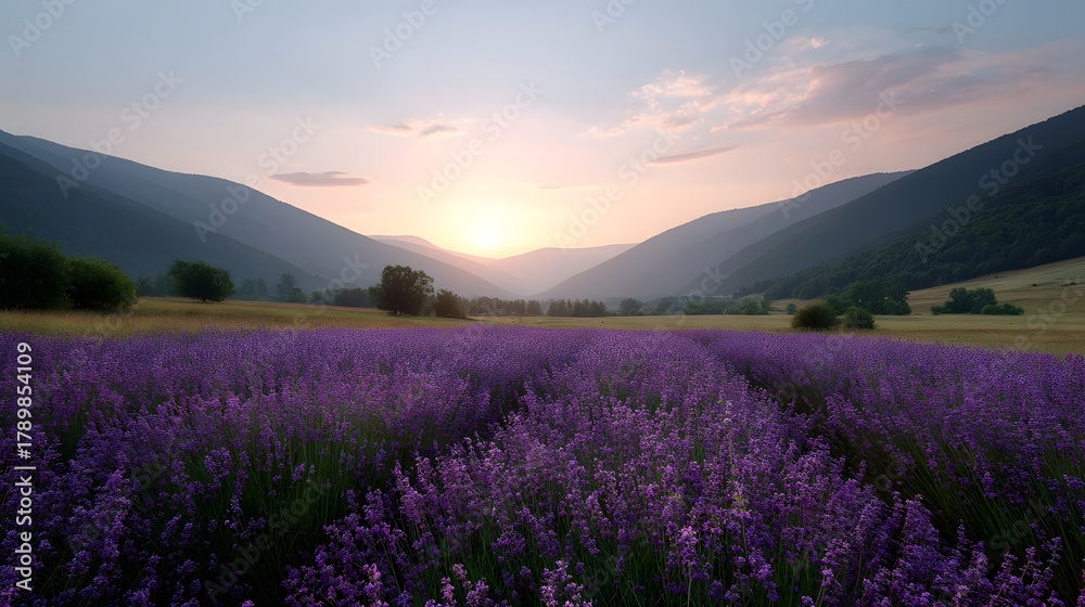 Fototapeta premium A scenic view of a vast lavender field bathed in the soft light of dawn with rolling hills in the background