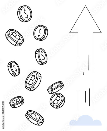 Falling coins with cryptocurrency symbols and upward arrow representing growth, profit, or success. Ideal for finance, investment, cryptocurrency trading, blockchain economy, economic progress